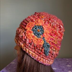 Crochet flower orange beanie medium soft acrylic yarn new